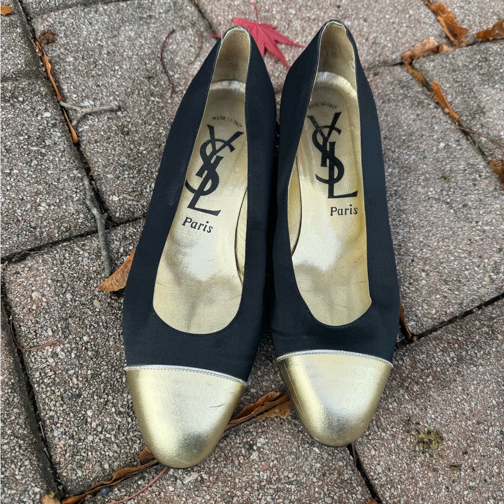 Vintage Yves Saint Laurent Black Flats with Gold Accents